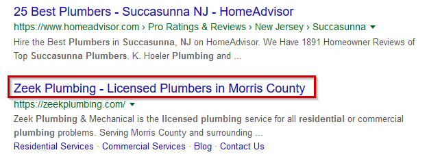 The title tag is also the headline of your listing in search engine results, like this one in Google.
