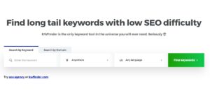 The home page of KWFinder, a keyword research tool.